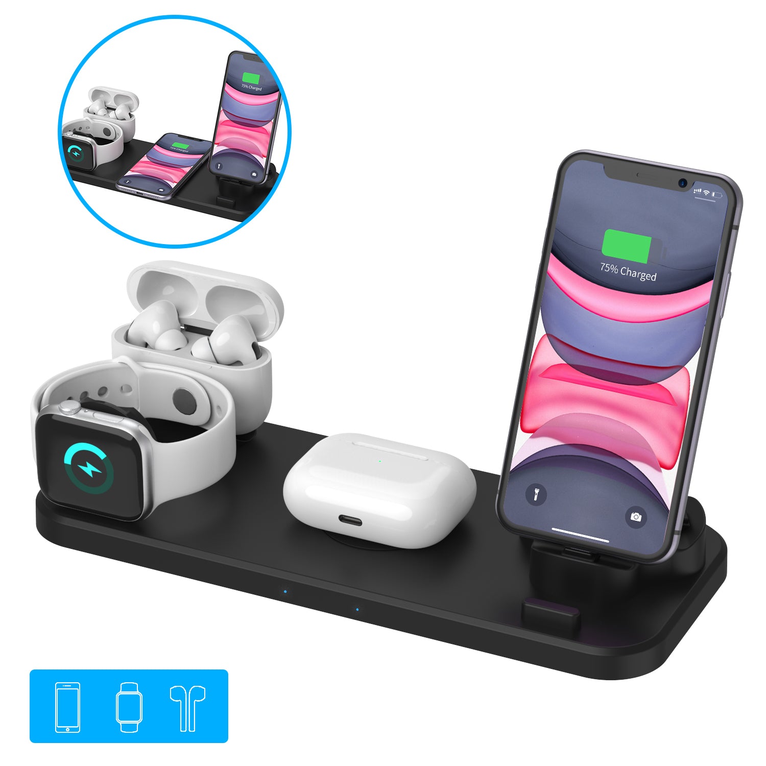 6 in 1 Wireless Fast Charging Charger for Phone Watch Headset 6 in 1 Wireless Fast Charging Charger for Phone Watch Headset